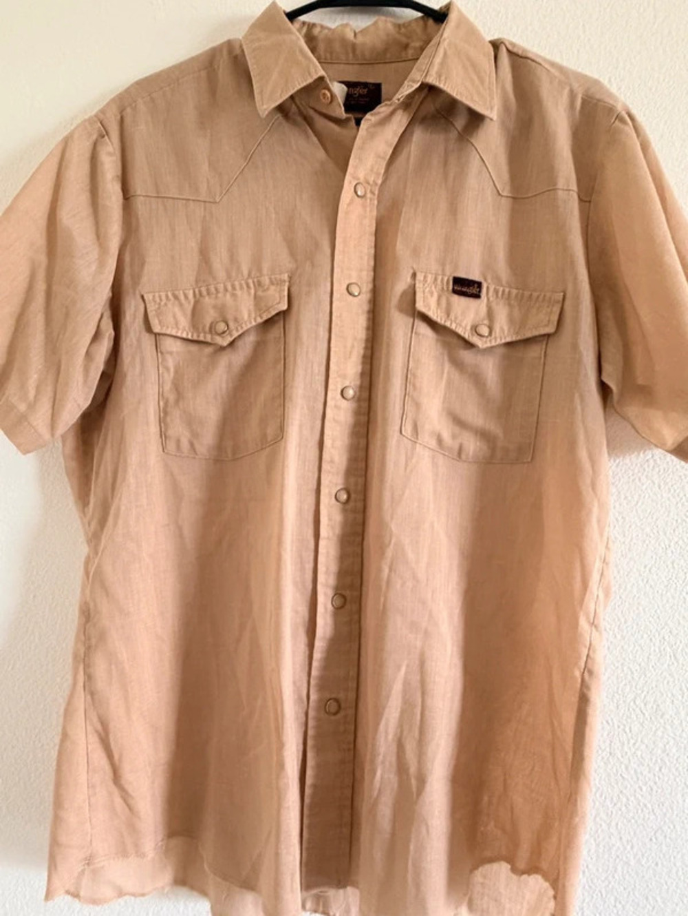 Vintage Wrangler Men’s L Khaki Western Shirt Short Sleeve Pearl Snap sku1060